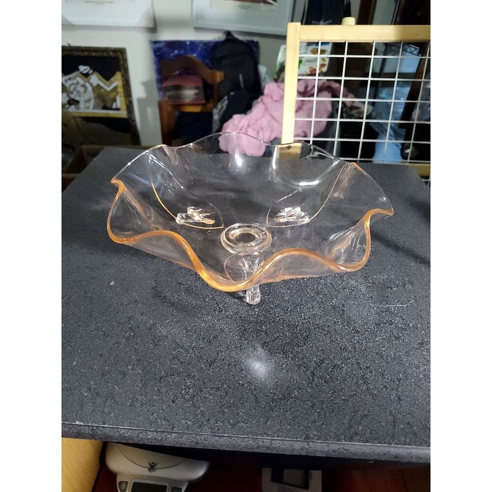 Lancaster Jubilee Pink Depression Glass 10in 3 Footed Ruffled Bowl Very Good